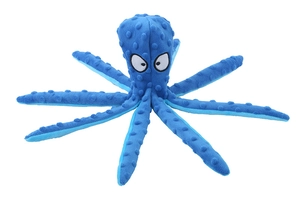 Detail of blue octopus plush toy featuring textured polka dots and embroidered eyes
