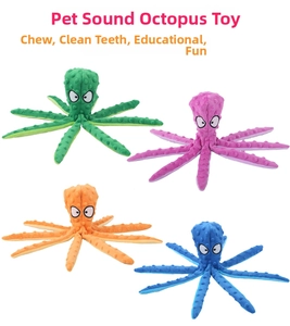 Detailed view of four colorful squeaky octopus dog toys with textured bite-resistant fabric