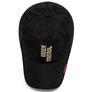 Dark grey camo baseball cap with gold Under Control 3D embroidery on white background