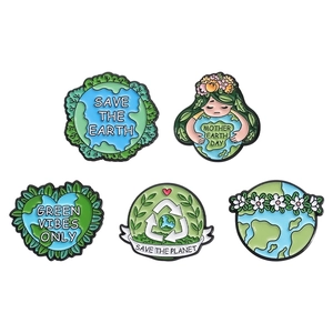 Five eco-friendly enamel pins with Save the Earth and Green Vibes Only themes
