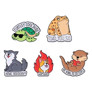 Five cartoon animal enamel pin set featuring fun puns on high-quality zinc alloy finish