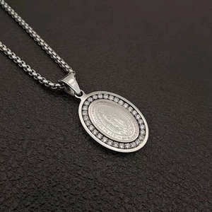 Silver Virgin Mary pendant necklace in stainless steel with crystal rhinestones