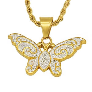 Golden butterfly pendant with white clay and rhinestones on a thick twisted chain