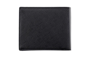 Macro view of black Saffiano leather texture and stitching on minimalist men wallet