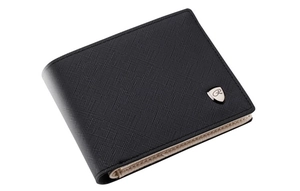 Close-up of a men's black textured leather wallet with a metallic shield logo
