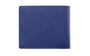 Close-up of blue crossgrain leather texture and fine stitching on men's slim wallet