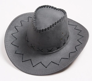 Top view of dark grey cowboy hat with decorative black stitching and suede texture