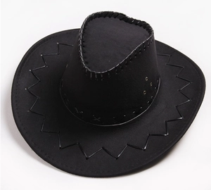 Close-up of black western cowboy hat with detailed Z-shape stitching and metal eyelets
