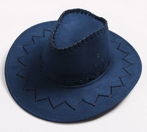 Detailed view of dark blue suede cowboy hat with black decorative cross-stitching edges