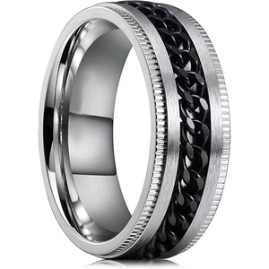 Men's silver spinner ring with black chain inlay and brushed stainless steel finish