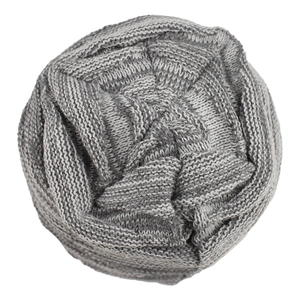 Close-up of the complex basket-weave knit pattern on a gray beanie top with high detail