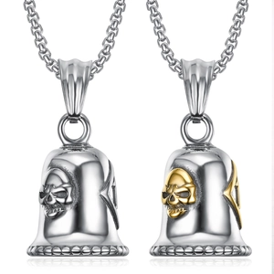 Vintage 1%er skull motorcycle bell pendants in silver and two-tone gold steel