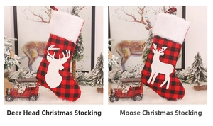 Détails de chaussettes de Noël à carreaux rouges avec col en fausse fourrure et broderie cerf