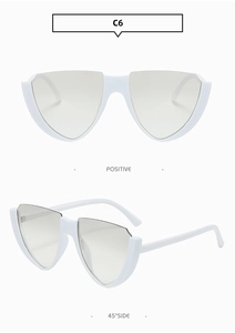 Front and 45-degree angle views of white cat-eye sunglasses with semi-rimless V-shaped frame