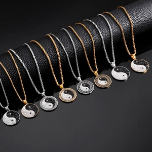 Chinese Yin Yang Tai Chi compass pendant necklace with sparkling rhinestones on black leather