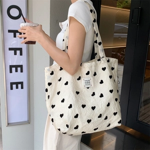 Heart Print Textured Canvas Shoulder Bag Large Capacity Casual Tote Handbag Sweet Daily Style For Women