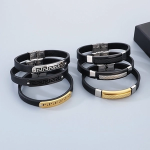Adjustable black leather and stainless steel bracelets set for men in silver and gold tones