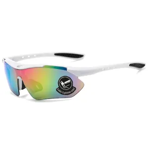 White aerodynamic sports sunglasses with colorful iridescent lenses for outdoor cycling