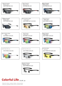 Matrix showing thirteen variations of streamlined aerodynamic sports cycling sunglasses