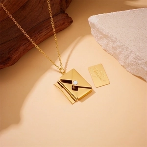 Gold-plated stainless steel envelope necklace with pull-out 'I love you' message card