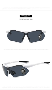 Detail view of white sports sunglasses with grey polarized lenses and non-slip temples