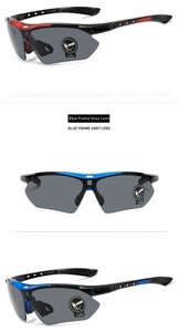 Detailed view of red and blue polarized sports sunglasses with non-slip ventilated temples