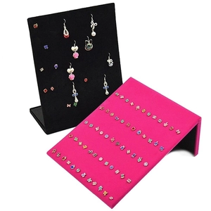 L-shaped jewelry display stand in black and fuchsia velvet for earrings and studs