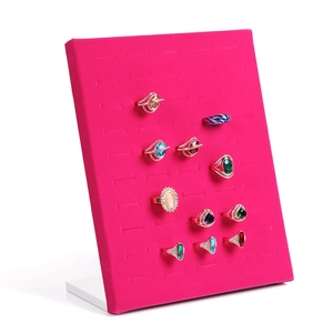 L-shaped jewelry display board in rose red velvet with 50 slots for ring collection