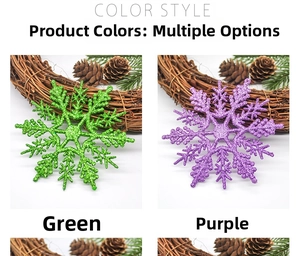 Detail showing glittery green and purple 10cm snowflake ornaments for Christmas decor