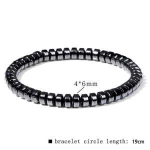 Detail showing 4x6mm beads on a 19cm black hematite bracelet with metallic luster