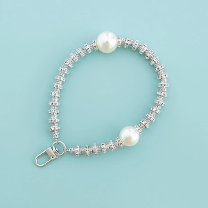 Silver chain strap with sparkling rhinestones and white pearls for phone or bag charm