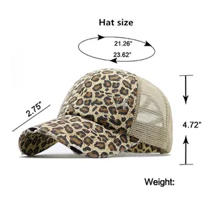 Washed leopard print ponytail baseball cap with size chart and mesh back details