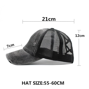 Detailed size specifications for washed dark grey ponytail mesh trucker baseball cap