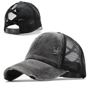 Washed grey ponytail baseball cap with distressed brim and elastic cross back design