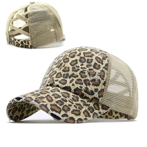 Messy Bun Baseball Cap Washed Cotton Distressed Trucker Hat Criss Cross High Ponytail Leopard Print Breathable Women