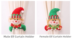 Dettaglio che mostra un paio di fermatende in peluche elfo di Natale rosso e verde