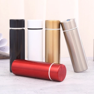 Mini stainless steel vacuum insulated bottles in various colors with LED temperature display