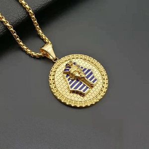 Pharaoh Pendant Necklace 316 Stainless Steel Gold Plated Blue Enamel Ancient Egypt Hip Hop Jewelry For Men