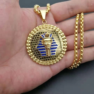 Hip hop style gold plated stainless steel King Tutankhamun pendant necklace with blue enamel