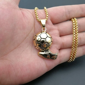 Golden football and soccer shoe pendant necklace with polished box chain for sports fans