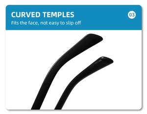 Detail showing curved temples of frameless sunglasses for anti-slip and secure face fit