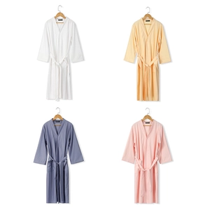 Unisex waffle weave bathrobes in white, yellow, blue, and pink with adjustable waist belts