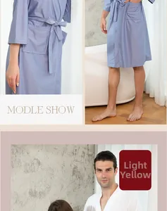 Detailed views of couple wearing waffle weave bathrobes in light blue and yellow colors