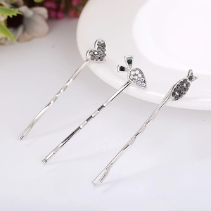 Three-piece set of silver alloy hair clips with rhinestone heart and fish designs