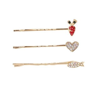 Golden alloy bobby pins set featuring rhinestone heart, carrot, and fish charms