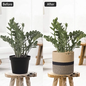 Three-tier color-block woven cotton rope plant basket with handles for home decor