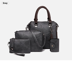 Détail du lot de 4 sacs gris en similicuir texturé rétro avec grand sac cabas et accessoires