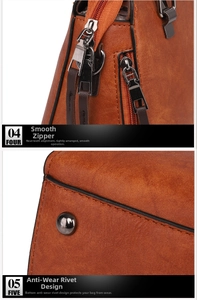Détails de fermeture éclair et rivets de protection au bas du sac à main en cuir brun
