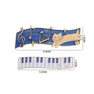 Detailed dimensions of blue music cat and piano keyboard enamel hair clips