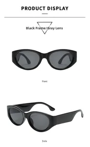 Front and side view of chic black oval cat-eye sunglasses with dark grey lenses